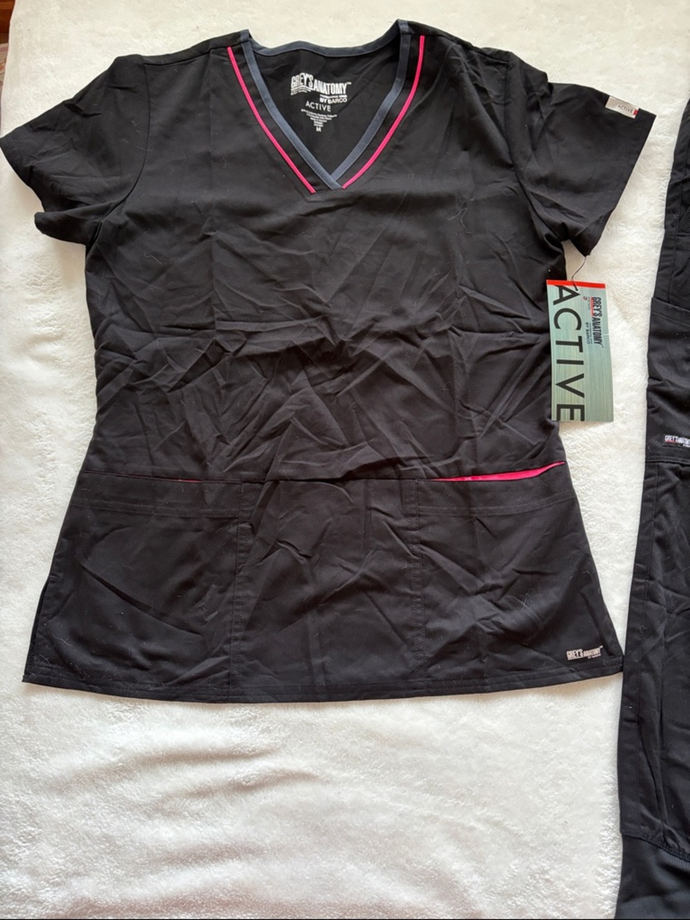 Grey's Anatomy Black V-Neck Scrub Top with Pink Accents
